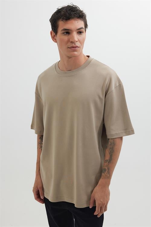 Unisex Oversize Geniş Kesim %100 Pamuk Yumuşak Dokulu Basic Bisiklet Yaka Bej Tişört