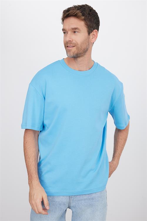 Unisex Oversize Geniş Kesim %100 Pamuk Yumuşak Dokulu Basic Bisiklet Yaka Mavi Tişört