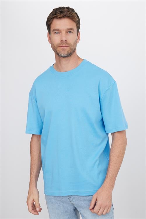 Unisex Oversize Geniş Kesim %100 Pamuk Yumuşak Dokulu Basic Bisiklet Yaka Mavi Tişört