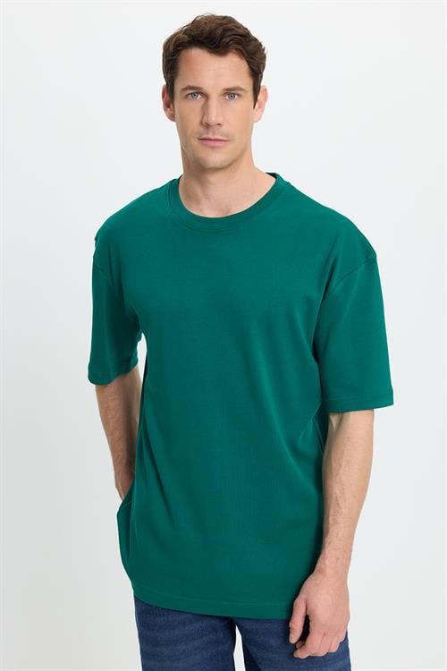 Unisex Oversize Geniş Kesim %100 Pamuk Yumuşak Dokulu Basic Bisiklet Yaka Yeşil Tişört