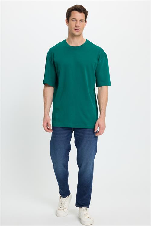 Unisex Oversize Geniş Kesim %100 Pamuk Yumuşak Dokulu Basic Bisiklet Yaka Yeşil Tişört