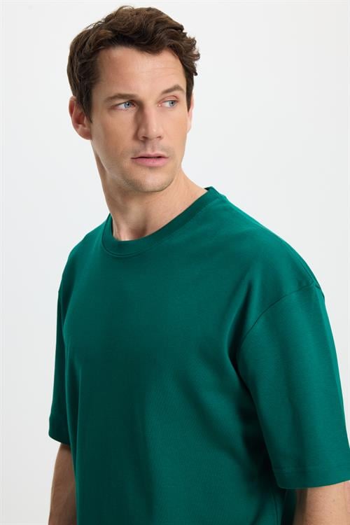 Unisex Oversize Geniş Kesim %100 Pamuk Yumuşak Dokulu Basic Bisiklet Yaka Yeşil Tişört