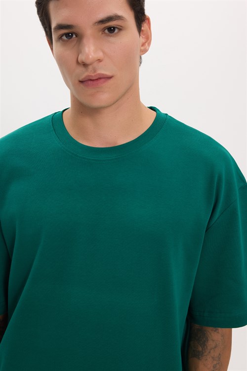 Unisex Oversize Geniş Kesim %100 Pamuk Yumuşak Dokulu Basic Bisiklet Yaka Yeşil Tişört