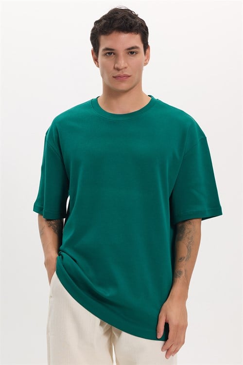 Unisex Oversize Geniş Kesim %100 Pamuk Yumuşak Dokulu Basic Bisiklet Yaka Yeşil Tişört