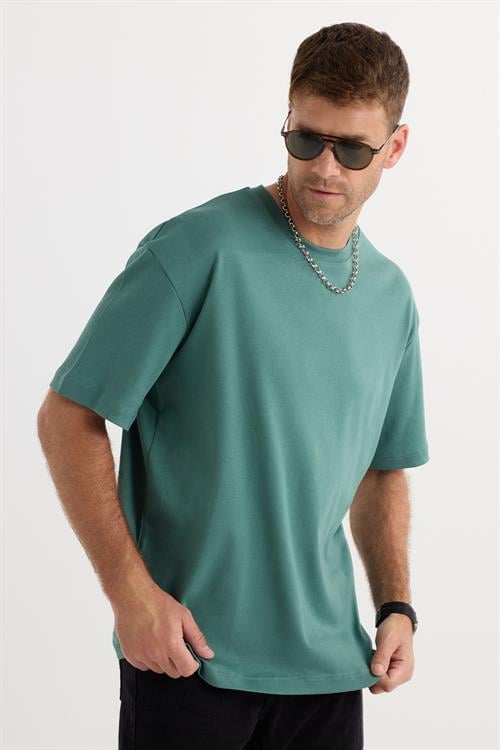 Unisex Oversize Geniş Kesim %100 Pamuk Yumuşak Dokulu Basic Bisiklet Yaka Yeşil Tişört