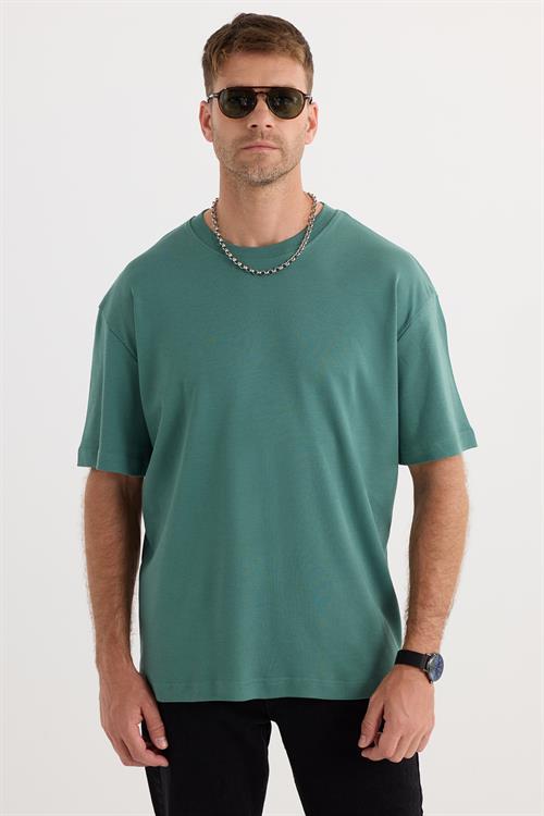 Unisex Oversize Geniş Kesim %100 Pamuk Yumuşak Dokulu Basic Bisiklet Yaka Yeşil Tişört