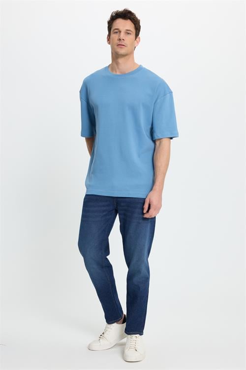 Unisex Oversize Geniş Kesim %100 Pamuk Yumuşak Dokulu Basic Bisiklet Yaka İndigo Tişört