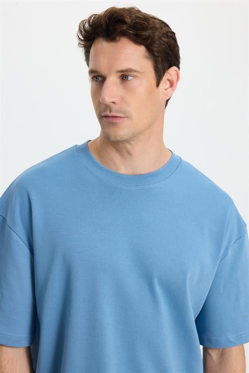 Unisex Oversize Geniş Kesim %100 Pamuk Yumuşak Dokulu Basic Bisiklet Yaka İndigo Tişört