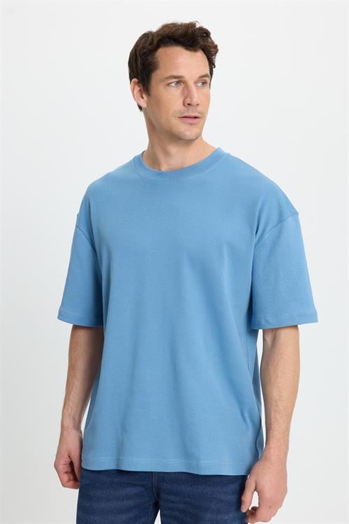 Unisex Oversize Geniş Kesim %100 Pamuk Yumuşak Dokulu Basic Bisiklet Yaka İndigo Tişört