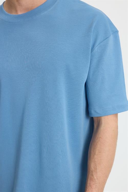 Unisex Oversize Geniş Kesim %100 Pamuk Yumuşak Dokulu Basic Bisiklet Yaka İndigo Tişört