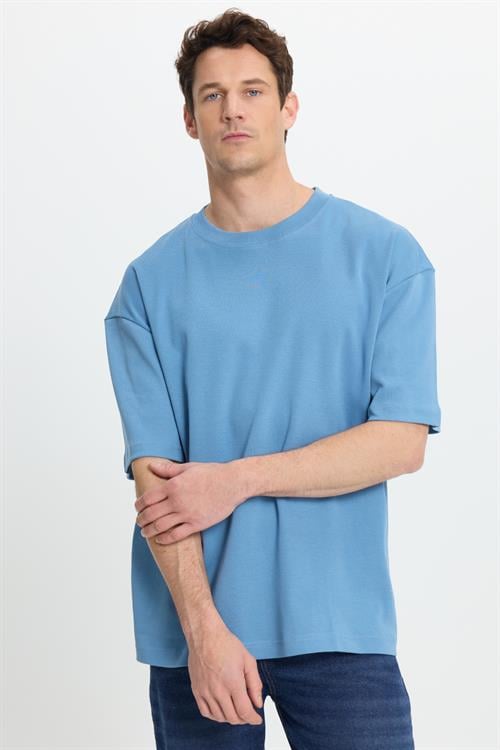 Unisex Oversize Geniş Kesim %100 Pamuk Yumuşak Dokulu Basic Bisiklet Yaka İndigo Tişört