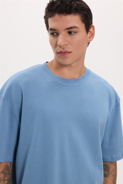 Unisex Oversize Geniş Kesim %100 Pamuk Yumuşak Dokulu Basic Bisiklet Yaka İndigo Tişört