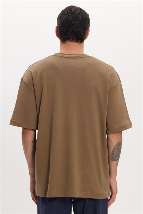 Unisex Oversize Geniş Kesim %100 Pamuk Yumuşak Dokulu Basic Bisiklet Yaka Kahverengi Tişört
