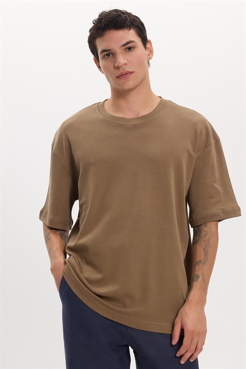 Unisex Oversize Geniş Kesim %100 Pamuk Yumuşak Dokulu Basic Bisiklet Yaka Kahverengi Tişört