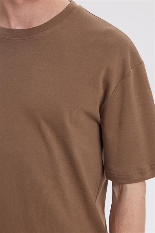 Unisex Oversize Geniş Kesim %100 Pamuk Yumuşak Dokulu Basic Bisiklet Yaka Kahverengi Tişört