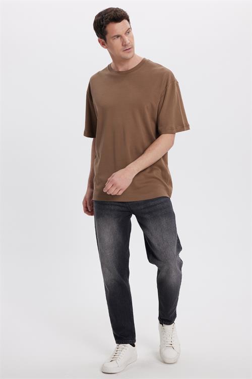 Unisex Oversize Geniş Kesim %100 Pamuk Yumuşak Dokulu Basic Bisiklet Yaka Kahverengi Tişört