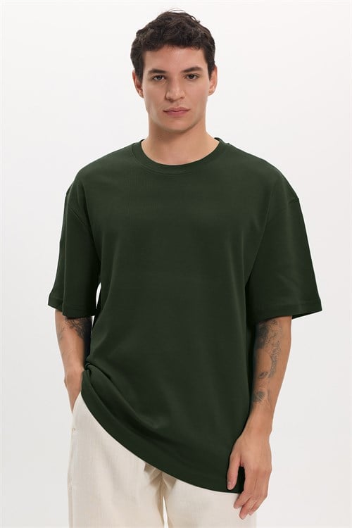 Unisex Oversize Geniş Kesim %100 Pamuk Yumuşak Dokulu Basic Bisiklet Yaka Haki Tişört