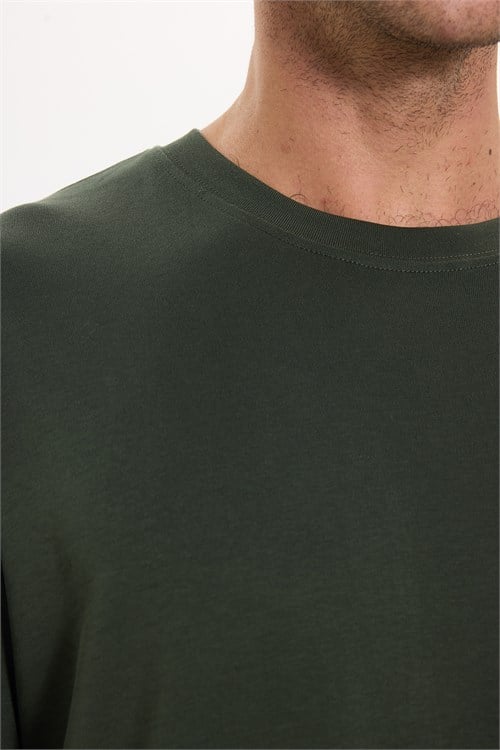 Unisex Oversize Geniş Kesim %100 Pamuk Yumuşak Dokulu Basic Bisiklet Yaka Haki Tişört