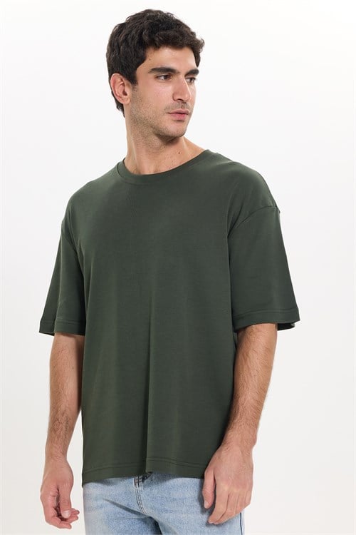 Unisex Oversize Geniş Kesim %100 Pamuk Yumuşak Dokulu Basic Bisiklet Yaka Haki Tişört