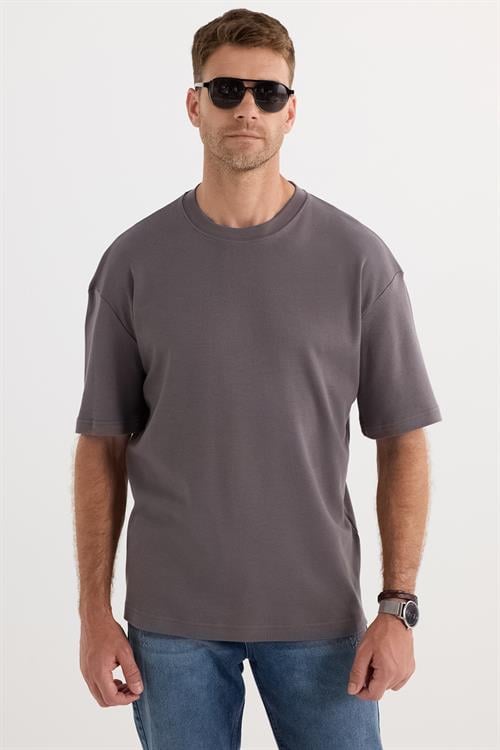Unisex Oversize Geniş Kesim %100 Pamuk Yumuşak Dokulu Basic Bisiklet Yaka Füme Tişört
