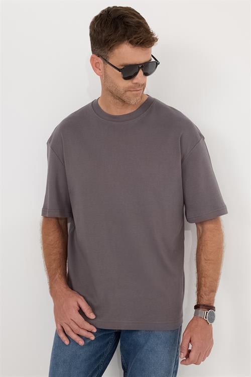 Unisex Oversize Geniş Kesim %100 Pamuk Yumuşak Dokulu Basic Bisiklet Yaka Füme Tişört