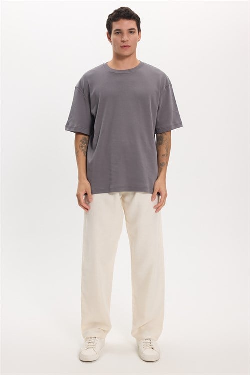 Unisex Oversize Geniş Kesim %100 Pamuk Yumuşak Dokulu Basic Bisiklet Yaka Füme Tişört