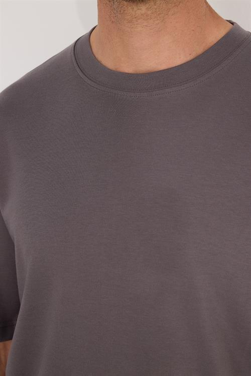 Unisex Oversize Geniş Kesim %100 Pamuk Yumuşak Dokulu Basic Bisiklet Yaka Füme Tişört