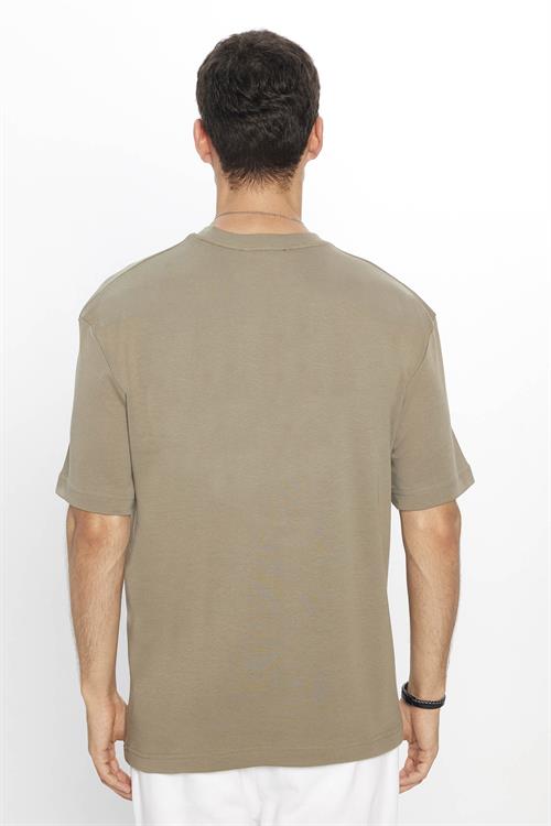 Unisex Oversize Geniş Kesim %100 Pamuk Yumuşak Dokulu Basic Bisiklet Yaka Haki Tişört