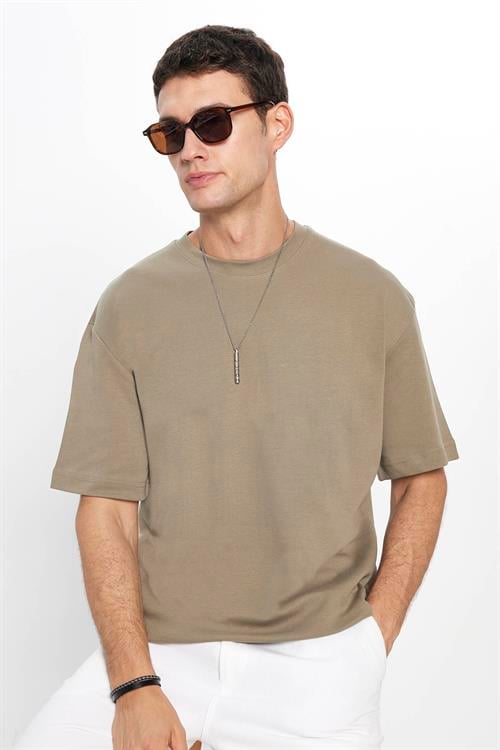 Unisex Oversize Geniş Kesim %100 Pamuk Yumuşak Dokulu Basic Bisiklet Yaka Haki Tişört