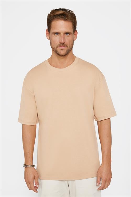 Unisex Oversize Geniş Kesim %100 Pamuk Yumuşak Dokulu Basic Bisiklet Yaka Vizon Tişört