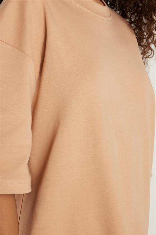 Unisex Oversize Geniş Kesim %100 Pamuk Yumuşak Dokulu Basic Bisiklet Yaka Vizon Tişört