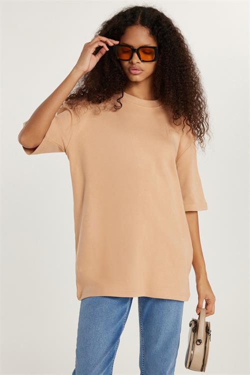 Unisex Oversize Geniş Kesim %100 Pamuk Yumuşak Dokulu Basic Bisiklet Yaka Vizon Tişört