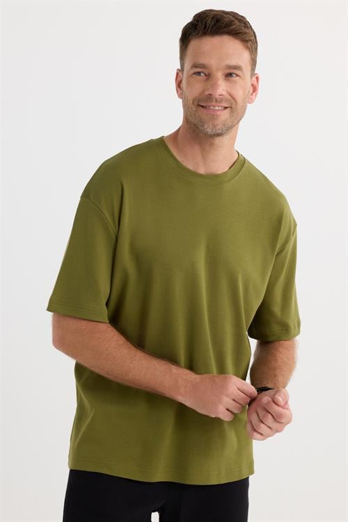 Unisex Oversize Geniş Kesim %100 Pamuk Yumuşak Dokulu Basic Bisiklet Yaka Haki Tişört