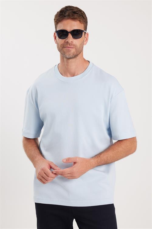 Unisex Oversize Geniş Kesim %100 Pamuk Yumuşak Dokulu Basic Bisiklet Yaka Mavi Tişört