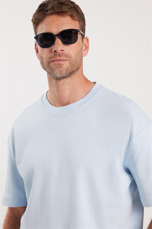 Unisex Oversize Geniş Kesim %100 Pamuk Yumuşak Dokulu Basic Bisiklet Yaka Mavi Tişört