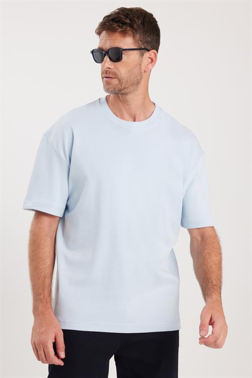 Unisex Oversize Geniş Kesim %100 Pamuk Yumuşak Dokulu Basic Bisiklet Yaka Mavi Tişört