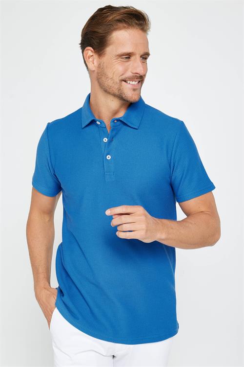 Erkek Slim Fit Dar Kesim %100 Pamuk Armürlü Sax Mavi Polo Yaka Tişört