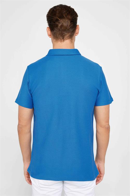 Erkek Slim Fit Dar Kesim %100 Pamuk Armürlü Sax Mavi Polo Yaka Tişört