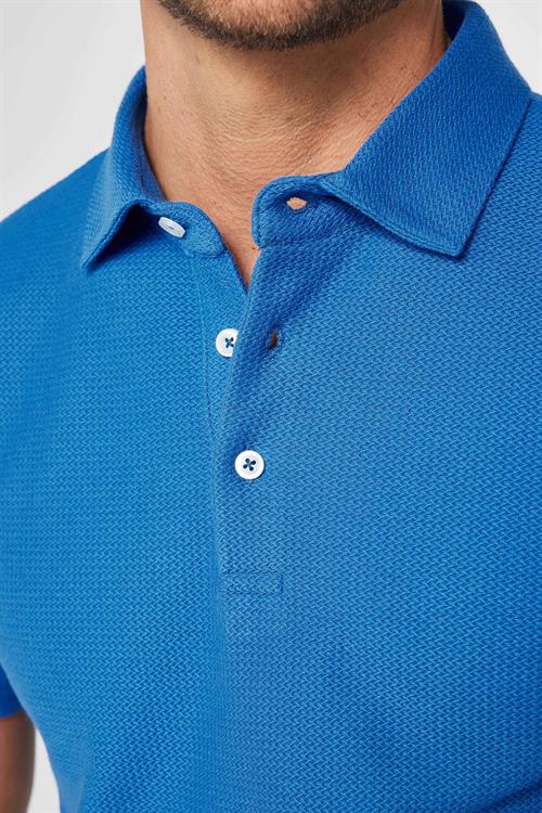 Erkek Slim Fit Dar Kesim %100 Pamuk Armürlü Sax Mavi Polo Yaka Tişört