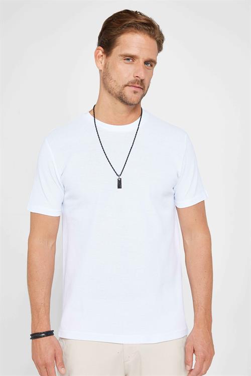 Erkek Slim Fit Dar Kesim %100 Pamuk Yumuşak Dokulu Desenli Beyaz Bisiklet Yaka Tişört