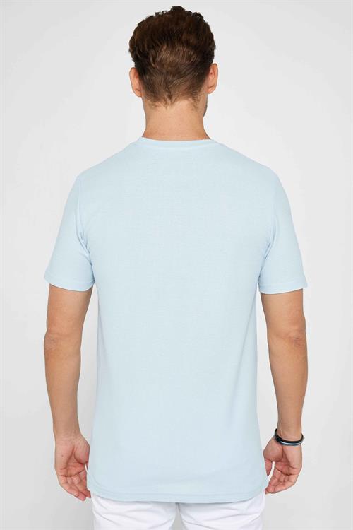Erkek Slim Fit Dar Kesim %100 Pamuk Yumuşak Dokulu Desenli Mavi Bisiklet Yaka Tişört