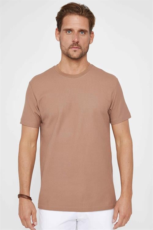 Erkek Slim Fit Dar Kesim %100 Pamuk Yumuşak Dokulu Desenli Camel Bisiklet Yaka Tişört