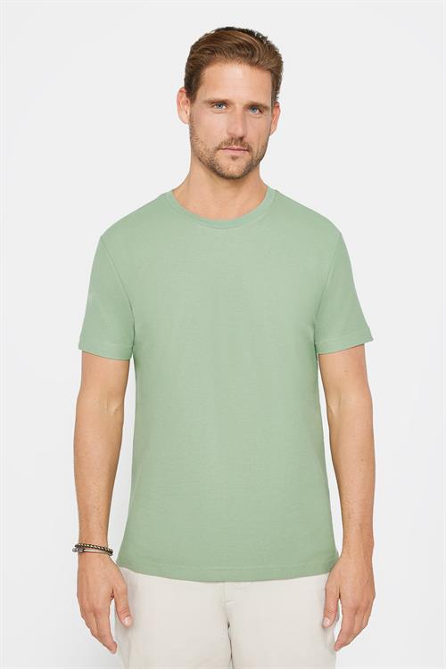 Erkek Slim Fit Dar Kesim %100 Pamuk Yumuşak Dokulu Desenli Yeşil Bisiklet Yaka Tişört