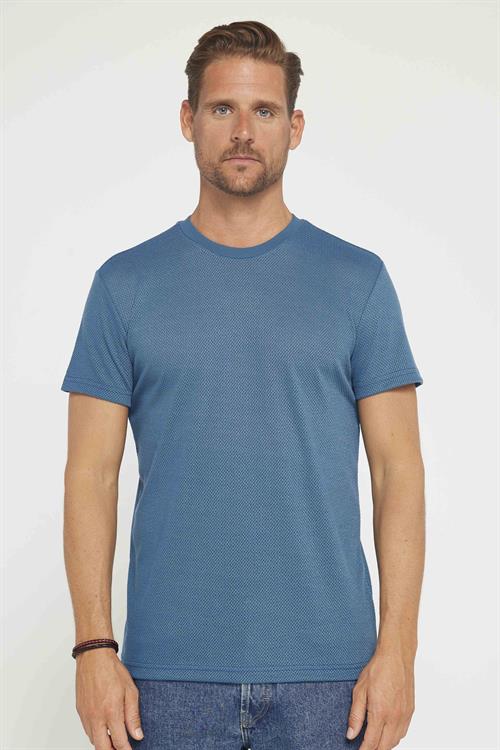 Erkek Slim Fit Dar Kesim Esnek Kumaş Örme Bisiklet Yaka İndigo Tişört