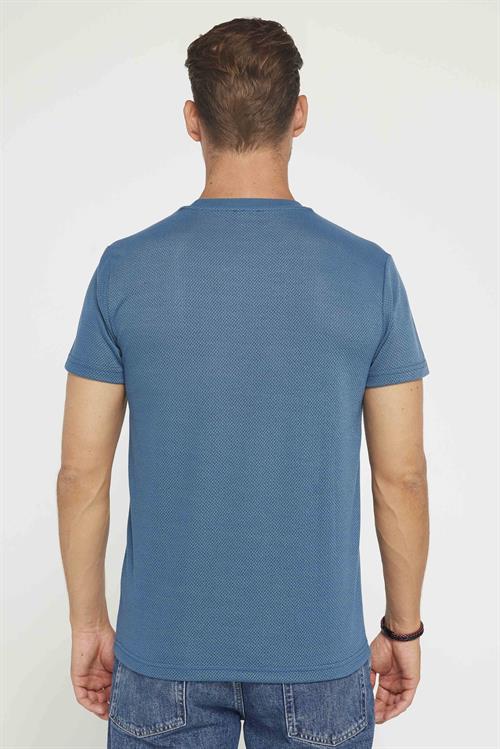 Erkek Slim Fit Dar Kesim Esnek Kumaş Örme Bisiklet Yaka İndigo Tişört