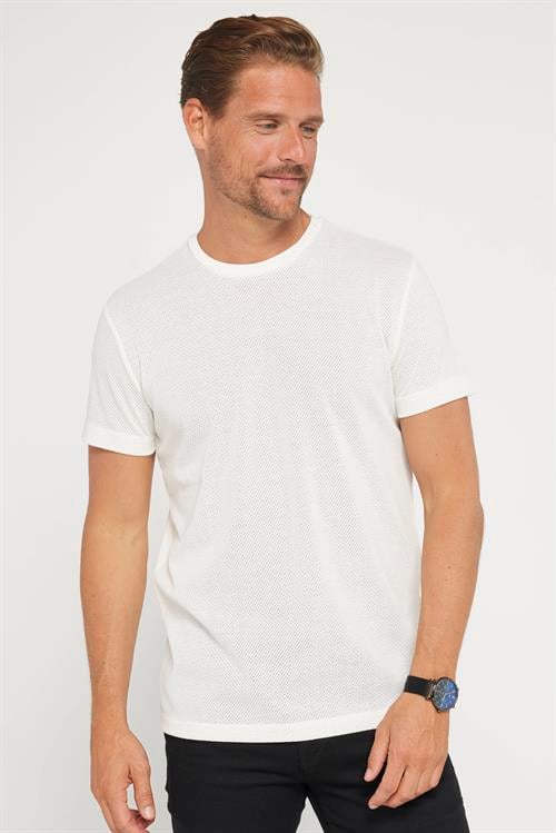 Erkek Slim Fit Dar Kesim Esnek Kumaş Örme Bisiklet Yaka Beyaz Tişört