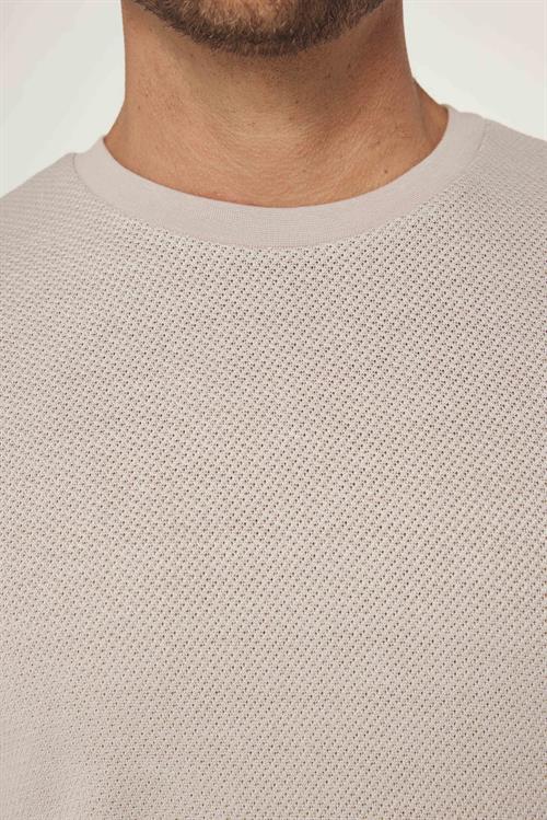 Erkek Slim Fit Dar Kesim Esnek Kumaş Örme Bisiklet Yaka Bej Tişört