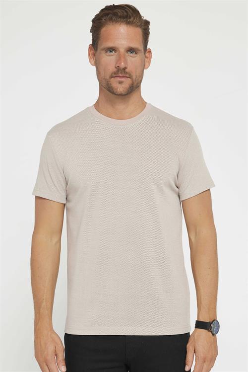 Erkek Slim Fit Dar Kesim Esnek Kumaş Örme Bisiklet Yaka Bej Tişört