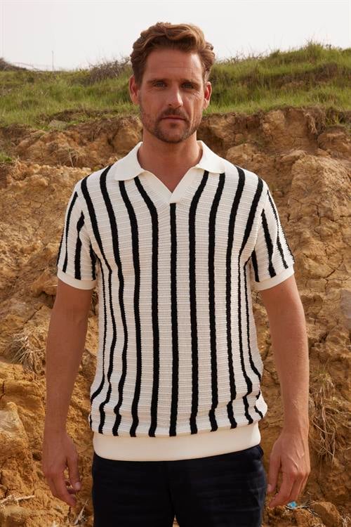 Erkek Slim Fit Dar Kesim Örme Nefes Alan Çizgili Kıvrılmaz Polo Yaka Tişört