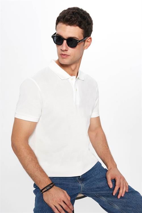 Erkek Slim Fit Dar Kesim %100 Pamuk Yumuşak Dokulu Düz Pike Beyaz Polo Yaka Tişört